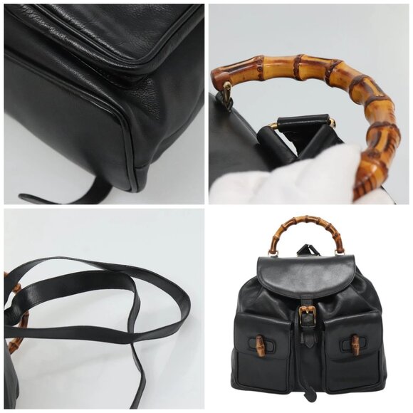 GUCCI Bamboo Backpack Leather Black Gold - Picture 11 of 15